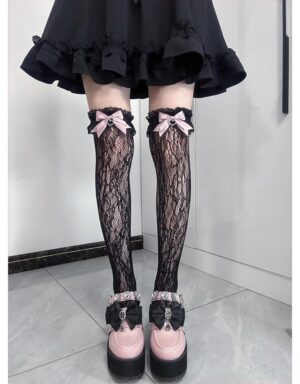 Black floral jirai kei over-the-knee lace socks with pink satin bow and lace trim front view styling