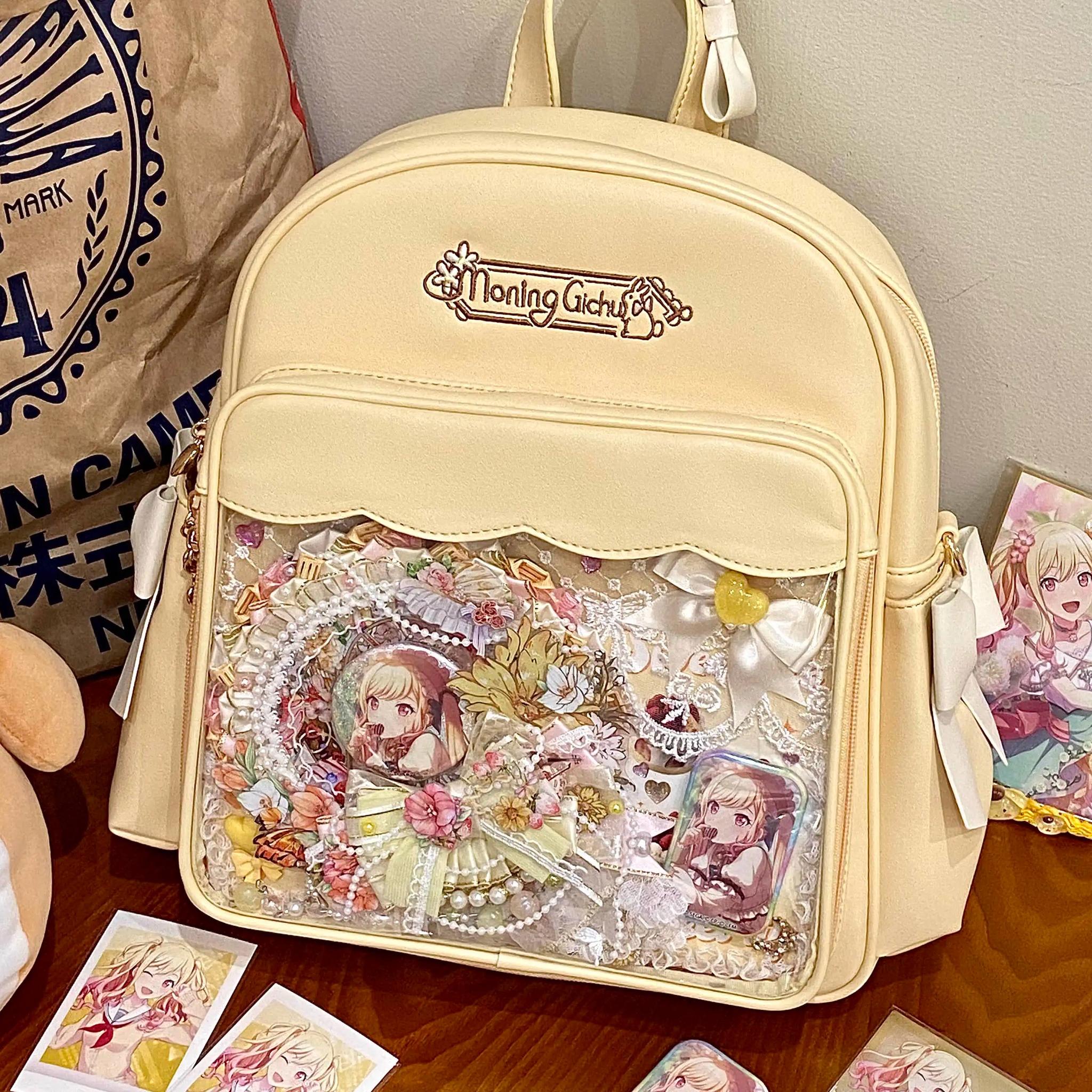 Jirai Kei kawaii itabag back view embroidered details bow tie accents side pockets storage