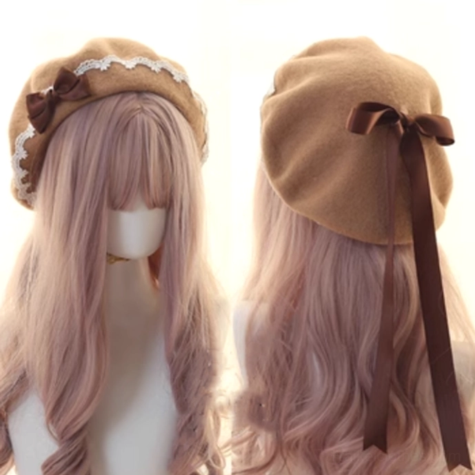 Camel beige Lolita beret with coffee-toned ribbon bow and lace trim, contrast color coordination displayed on mannequin front back