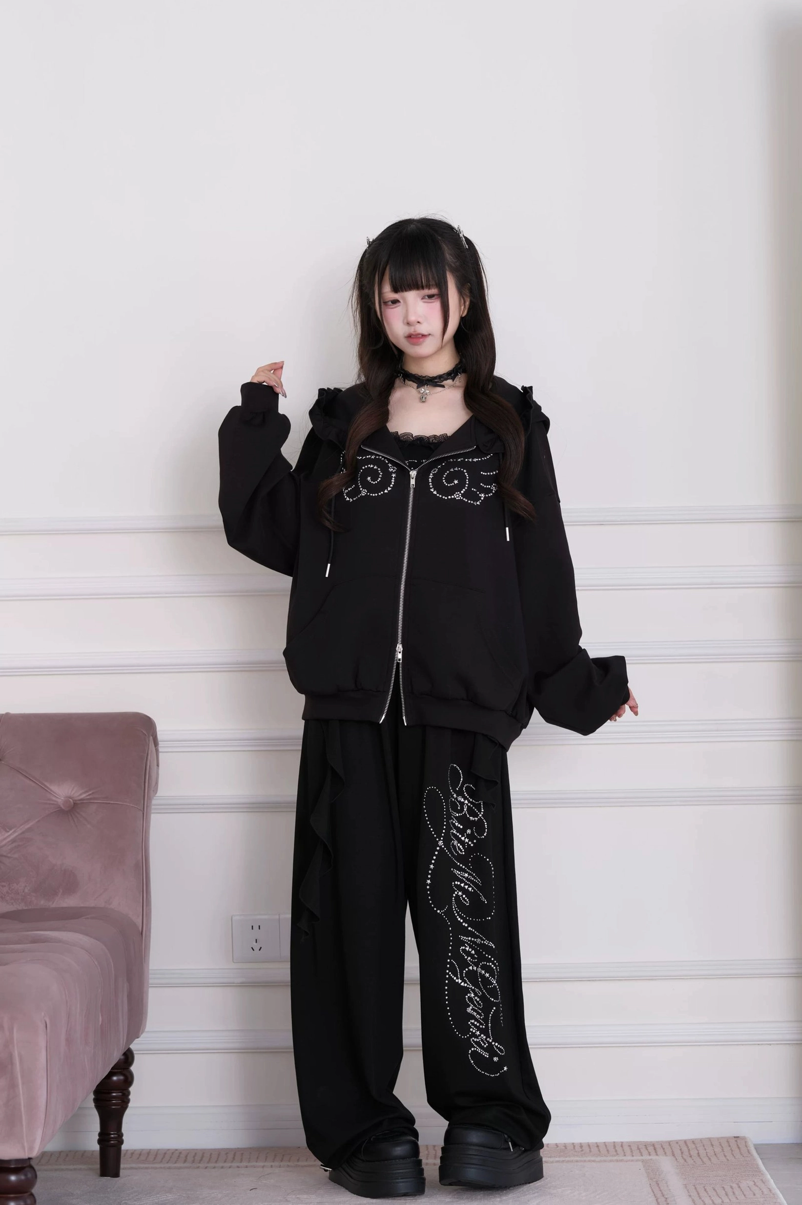 Lace neckline detail on camisole showing vintage femininity and delicate craftsmanship - Jirai Kei sweet aesthetic element