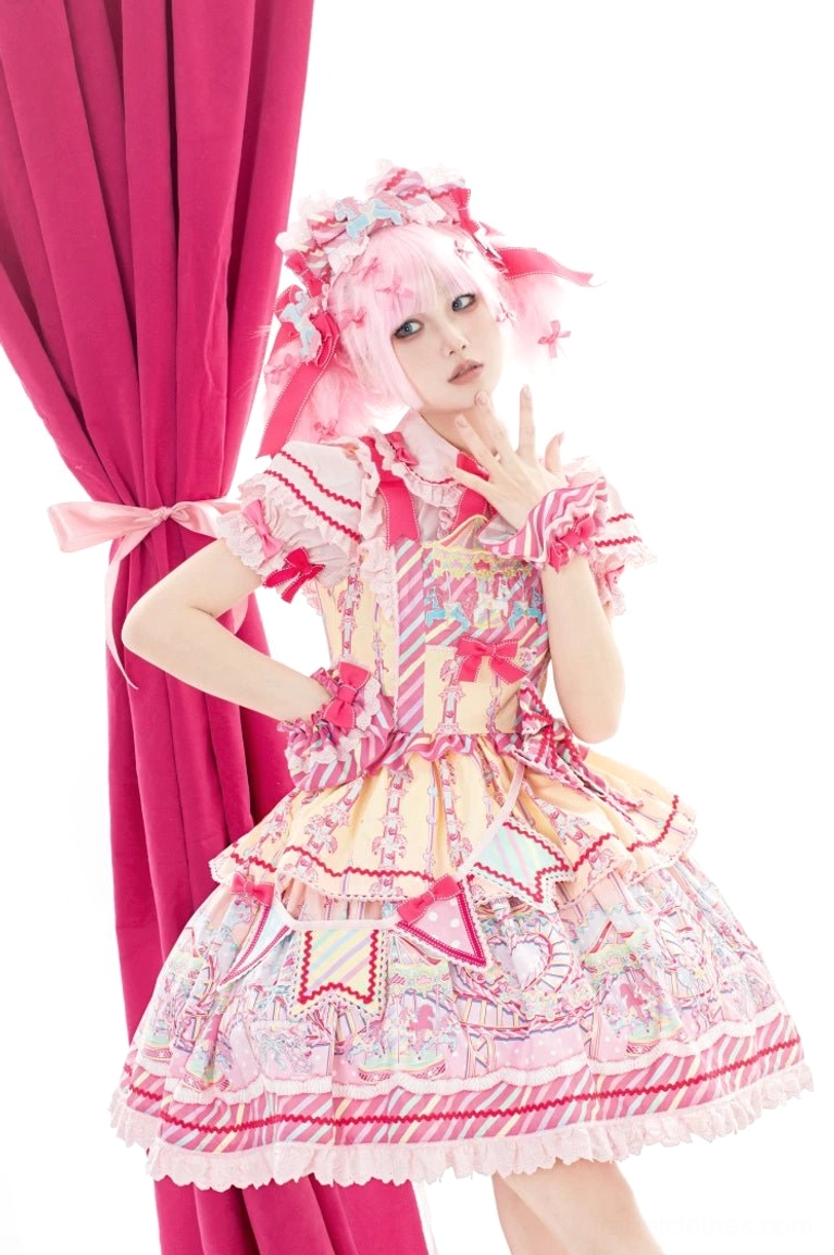 Three-quarter side view of carousel sweet Lolita dress showing A-line silhouette wrist cuffs and pink matching accessories detail