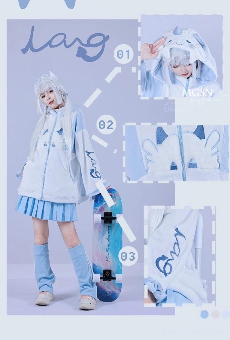 Cat-themed hooded zip-up jacket with color block design in light blue and white, pleated skirt, striped leg warmers, and anime character prints - full body detail inset view