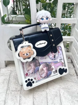 cat paw jirai kei ita bag clear display window backpack outdoor balcony styling with anime figurine and cute bear pendant