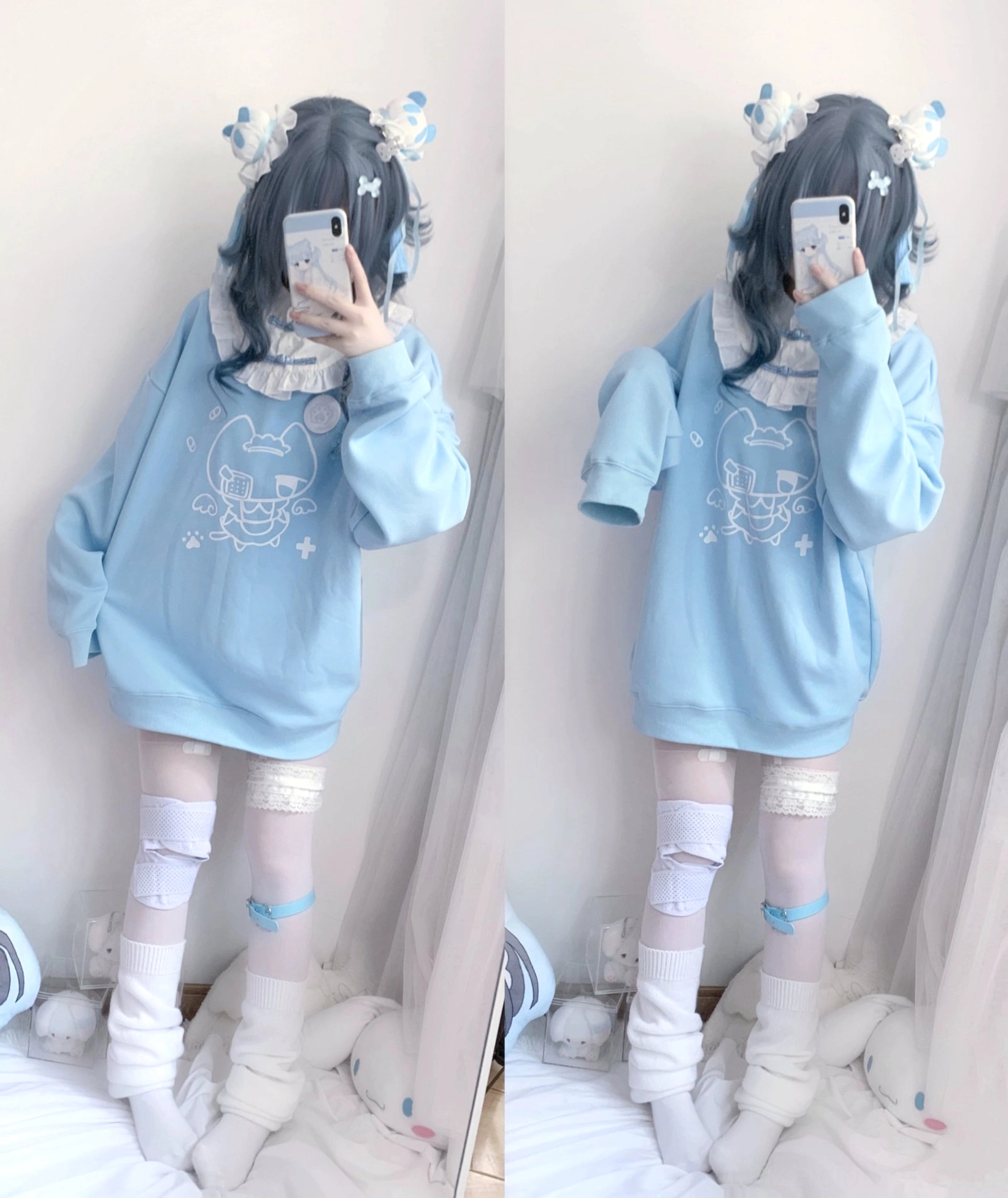 Paired mirror selfies showing light blue cat print sweatshirt from side angles with thigh-high stockings featuring blue accent details, Jirai Kei layering inspiration