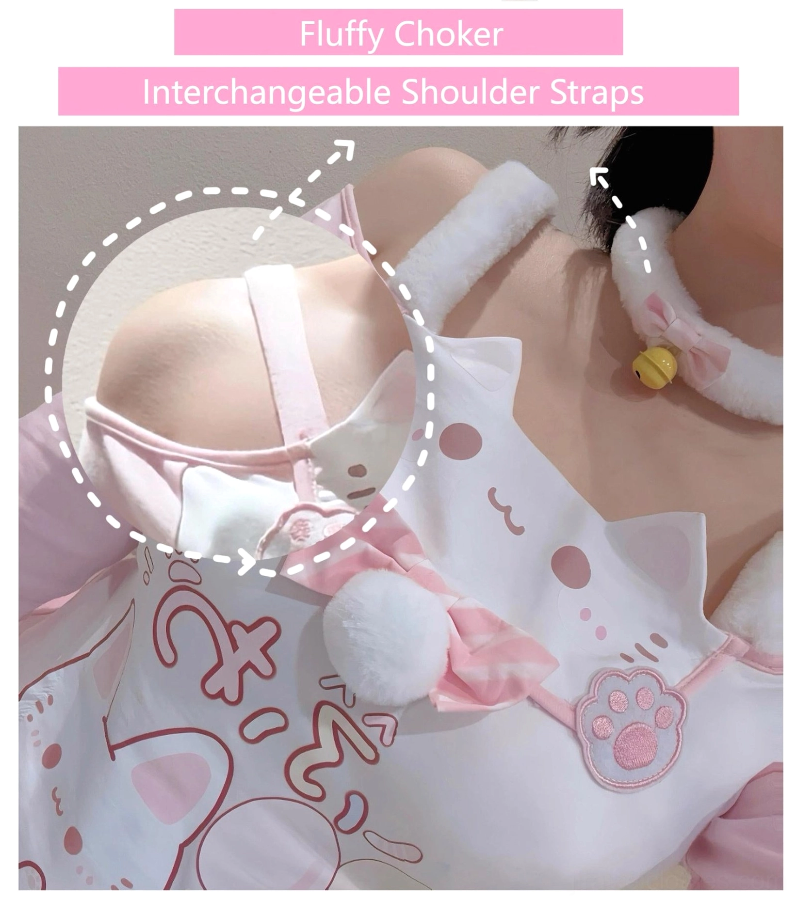 Cute cat-print off-shoulder top with interchangeable shoulder straps system closeup, showcasing pink and white fuzzy strap options and attachment mechanism for versatile styling flexibility