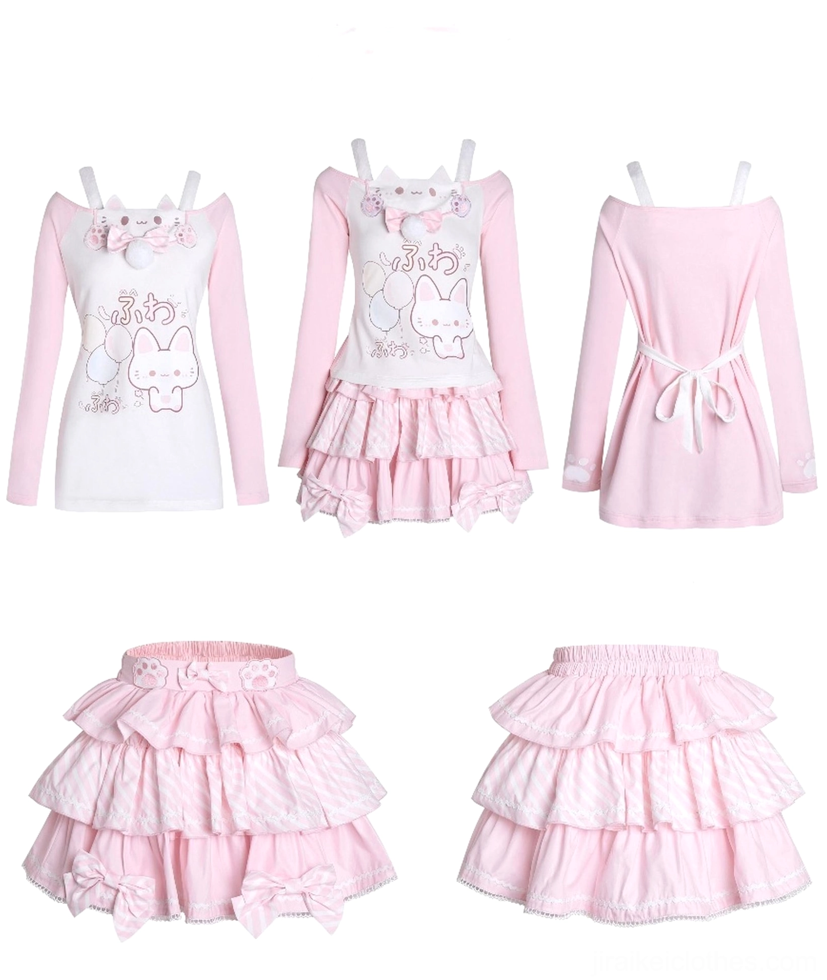 Kawaii cat-print off-shoulder top and tiered skirt set detail shot showcasing delicate embroidery work, paw-print accents, and fuzzy choker attachment quality in professional product photography