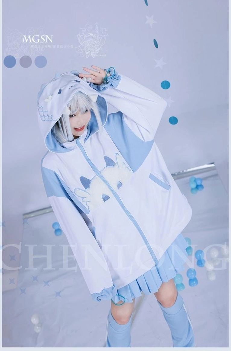 Cat-themed zip-up hooded jacket set with 3D embroidered hood details, color block design in light blue and white, paired with pleated mini skirt - cosplayer full front view