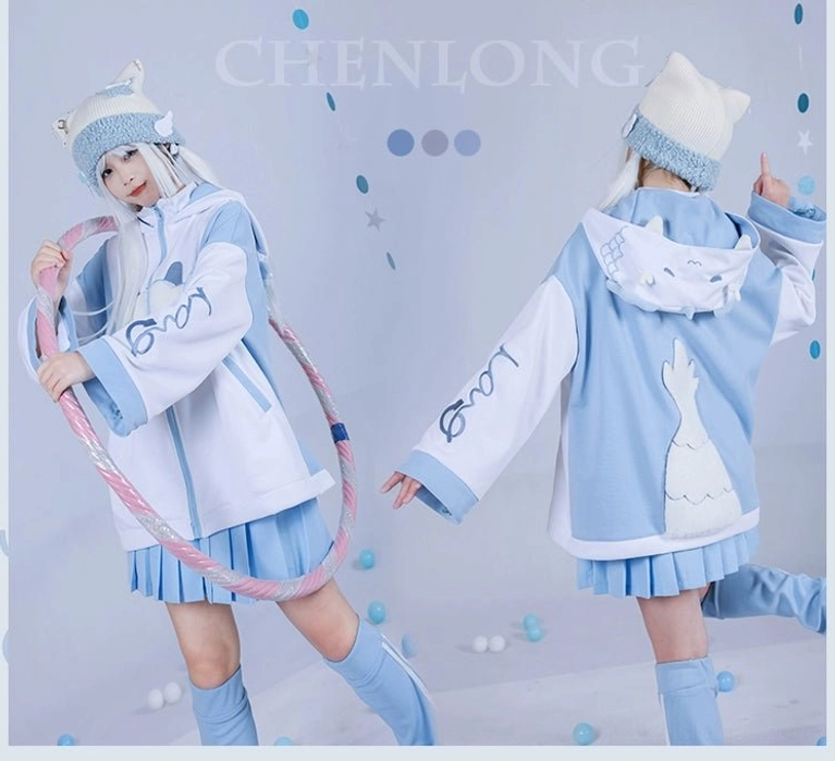 Cat-themed zip-up hoodie with back tail embroidery, sleeve letter print details, and matching leg warmers - front and back dual view with hula hoop accessory