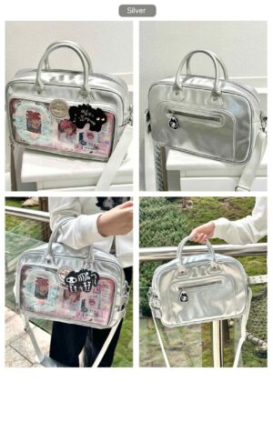 Silver metallic Jirai Kei ita shoulder bag with smooth reflective leather finish, mixed lifestyle and flat lay views showcasing the display window function