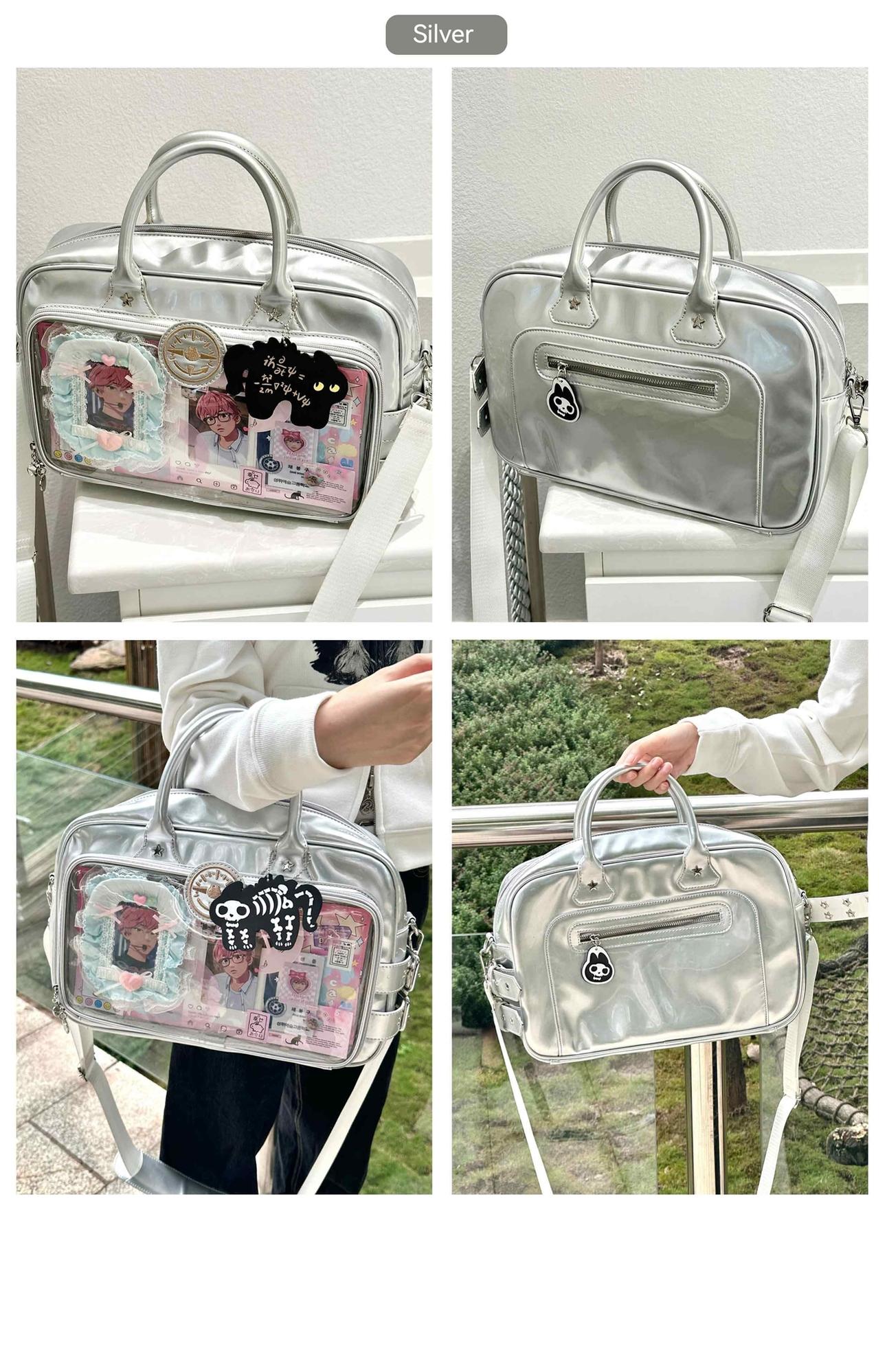 Silver metallic Jirai Kei ita shoulder bag with smooth reflective leather finish, mixed lifestyle and flat lay views showcasing the display window function