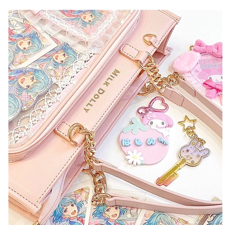 Checkered ita bag convention wear styling showing structured presentation with anime merchandise coordination