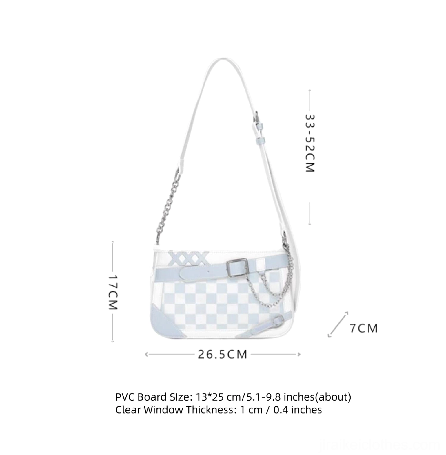 Checkered Jirai Kei ita shoulder bag front view with clear display window and size specifications on white background