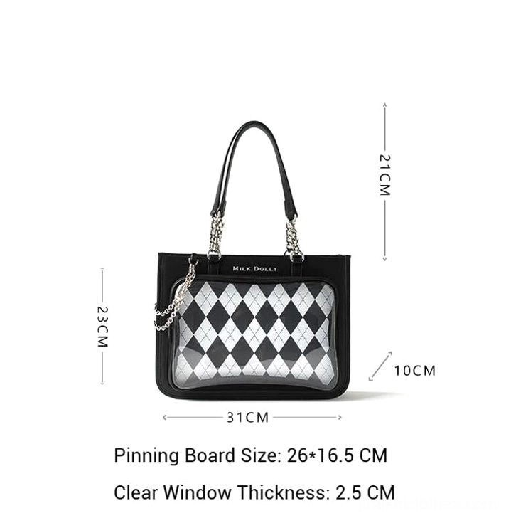 Checkered jirai kei ita bag technical specification chart showing argyle pattern clear window size parameters