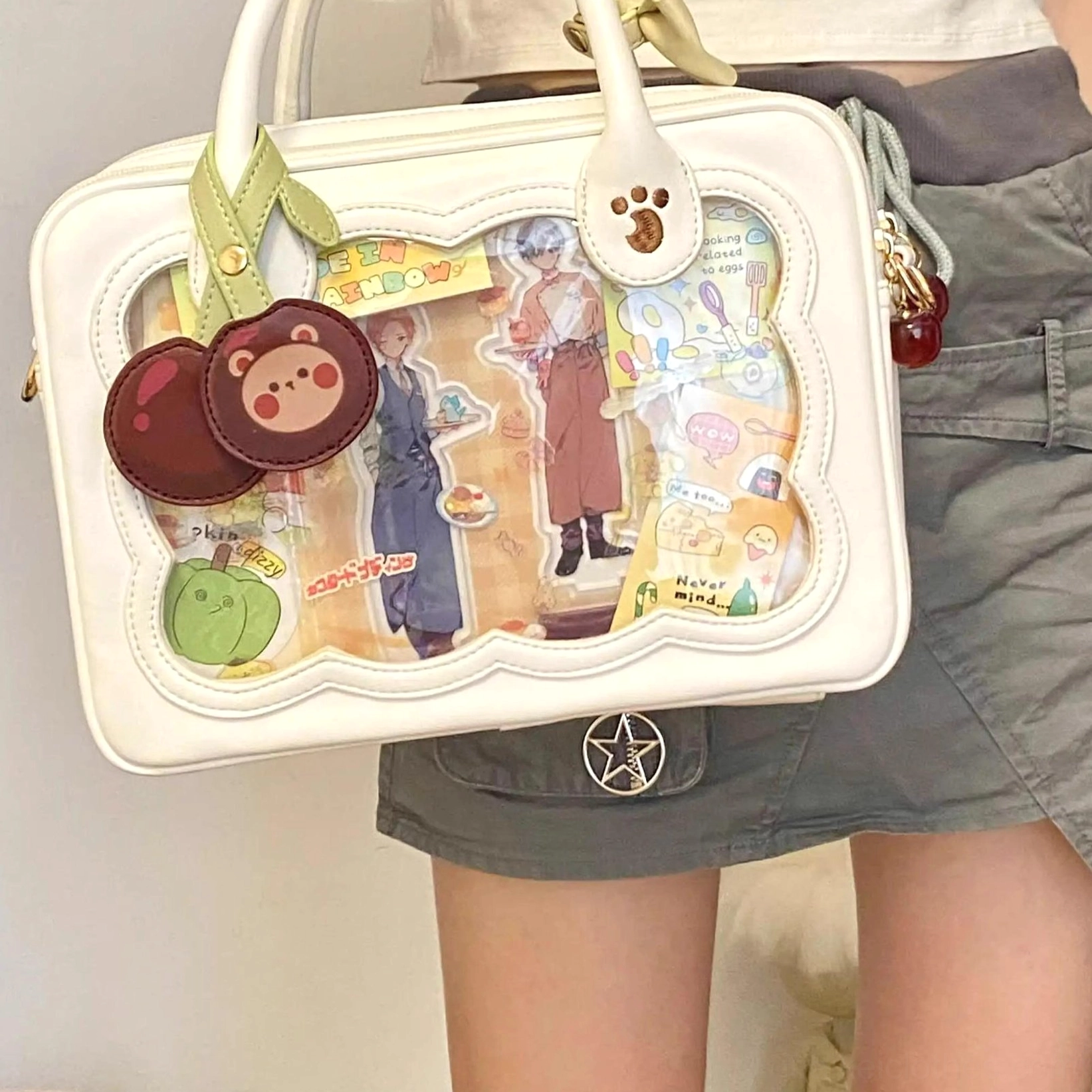 Cherry bear cookie Jirai Kei bag with cute bear-shaped charms and cherry embroidery embellishment detail shot