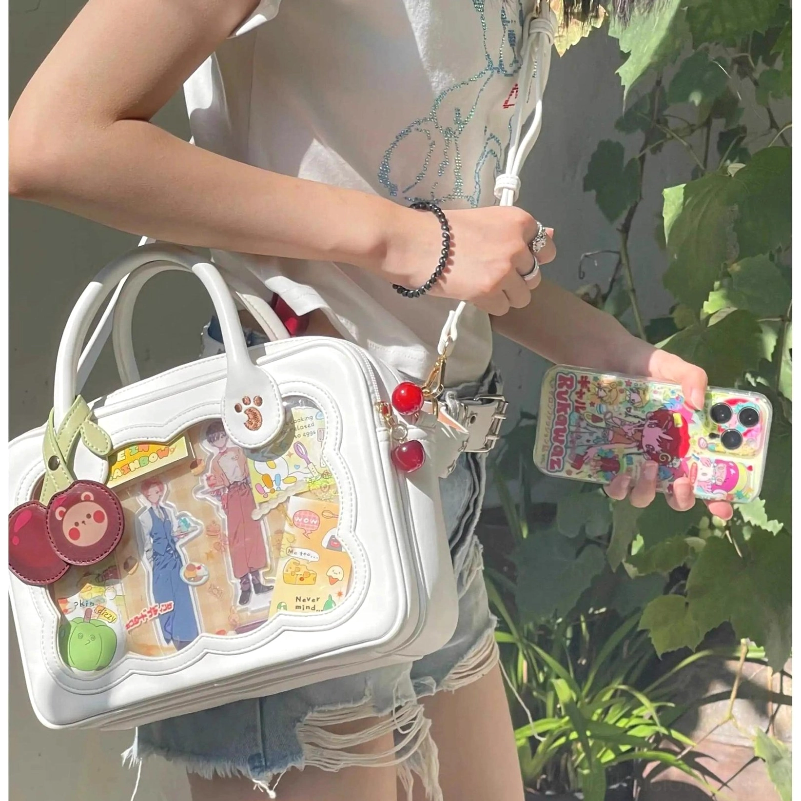 Multiple color options cherry bear cookie Jirai Kei crossbody bags arranged together pink white black wine red biscuit palette