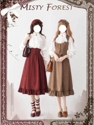Classic vintage Lolita three-piece ensemble double model display featuring wine red and brown A-line skirts with ruffled hems, button-front vests, and ruffled collar blouses styled on mannequins with vintage forest poster background, complete Jirai Kei outfit collection