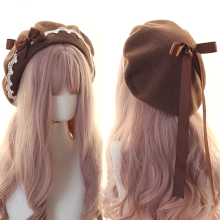 Rich coffee brown Jirai Kei beret with white lace trim and matching dark brown ribbon bow, full front and back display on mannequin
