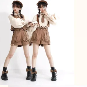 Full-body front view of models wearing complete coffee-colored Ouji Lolita ensemble with cream blouse, brown embroidered suspender shorts, beret and coordinating boots