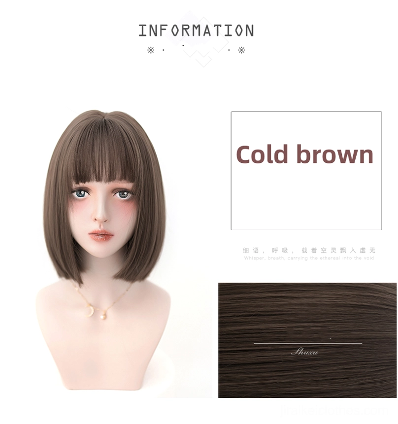 Cold brown Jirai Kei short bob wig on model close-up front view with rose hairpin showing realistic color tone