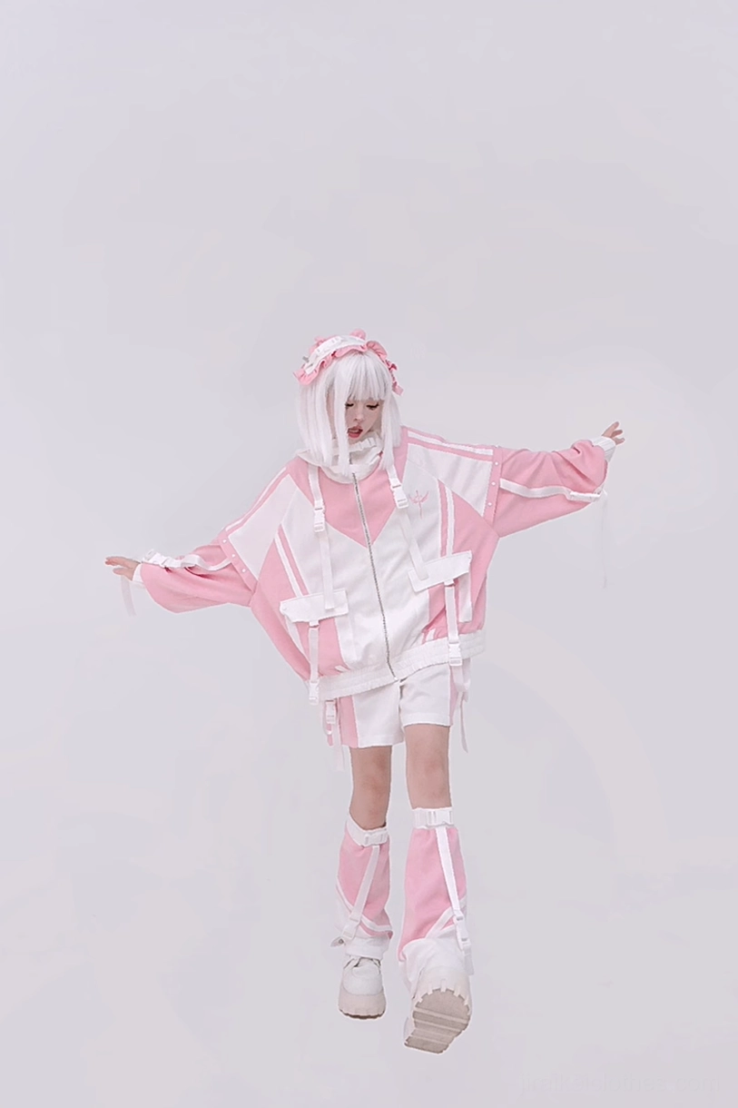 Color-block Jirai Kei jacket showing elastic hem cuffs and stripe detailing construction details