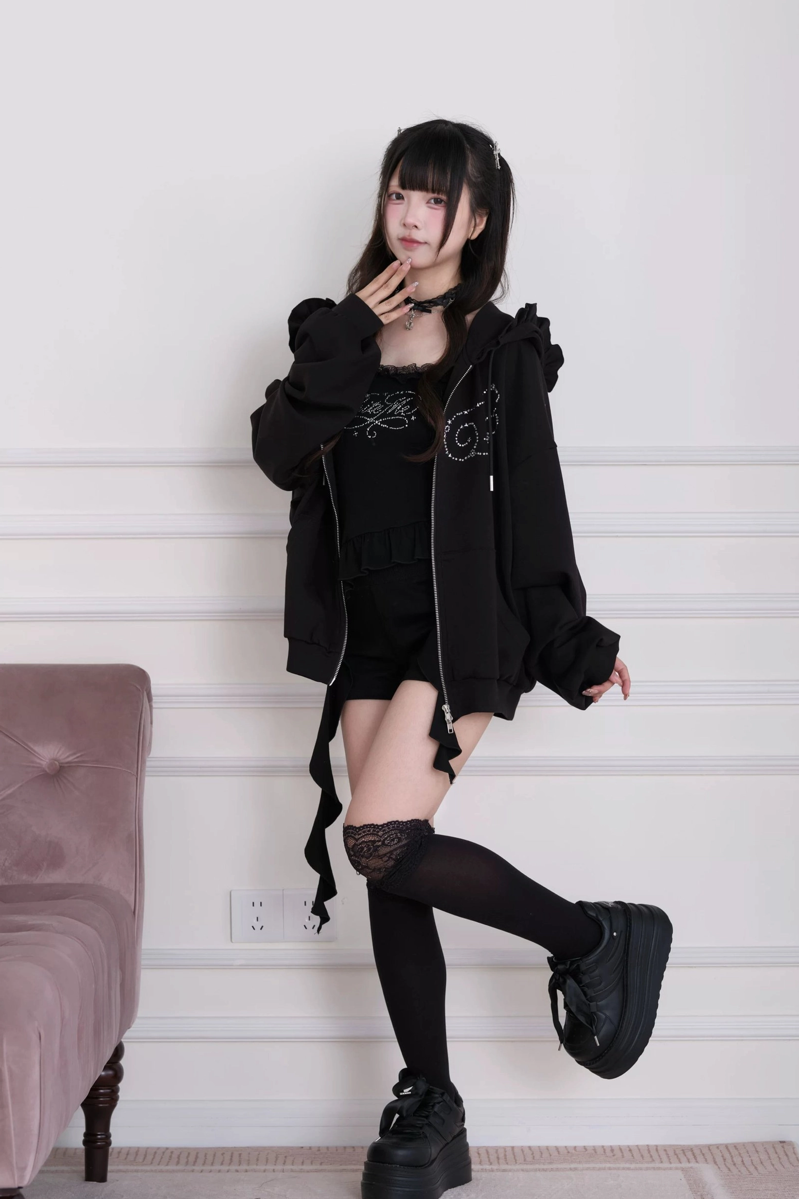 Complete 4-piece Jirai Kei set showing jacket camisole shorts and pants options available separately