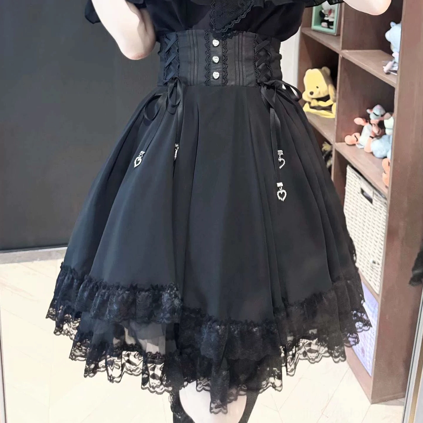 Complete off-shoulder Jirai Kei blouse and skirt two-piece set with heart rhinestone embellishment details