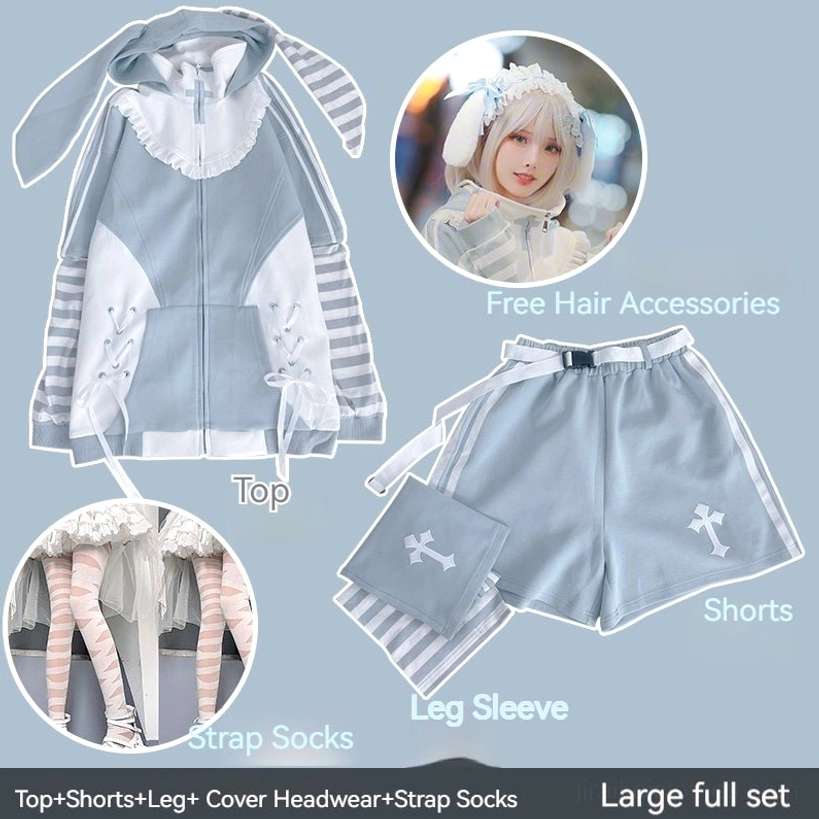 Complete large set of blue Tenshi Kaiwai hoodie with shorts leg warmers tie-up socks and rabbit hair accessories all components