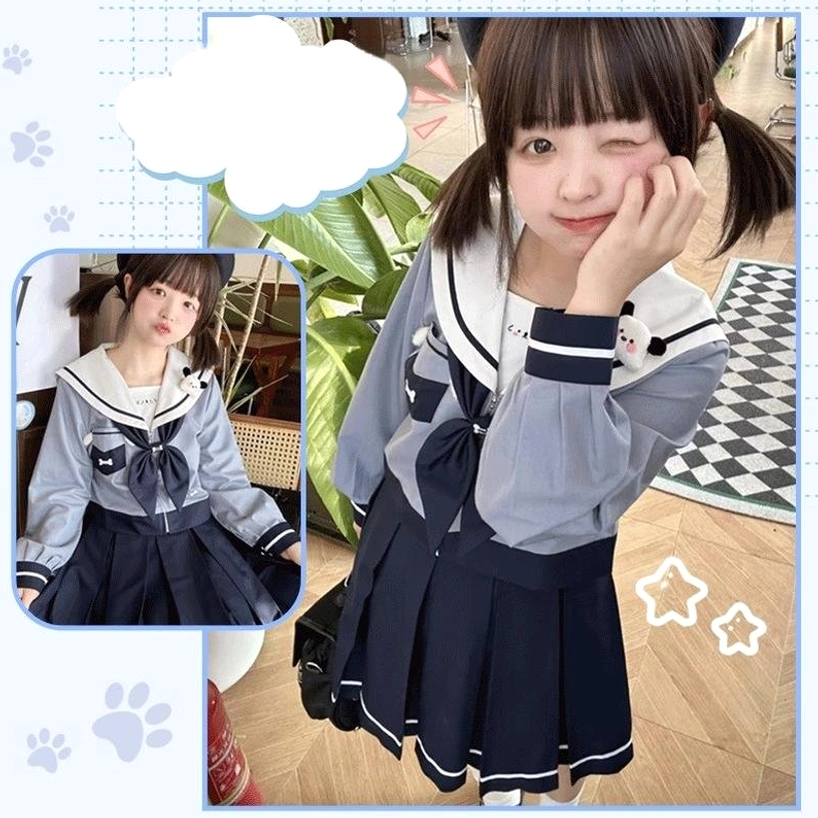 Complete puppy Jirai Kei JK uniform set full-body standing frontal view pleated skirt white border winking pose twin-tailed girl plant background aesthetic