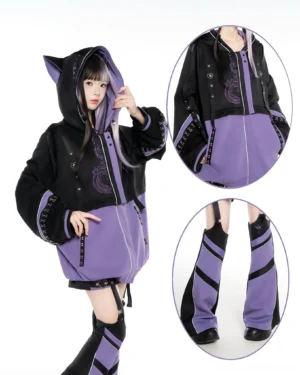Contrast color techwear hoodie set black purple color block cat ear hood lace-up sleeve trims single model close-up detail