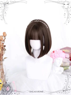 Cool brown jirai kei bob wig with bangs front view mannequin vintage decor styling dark brown shade