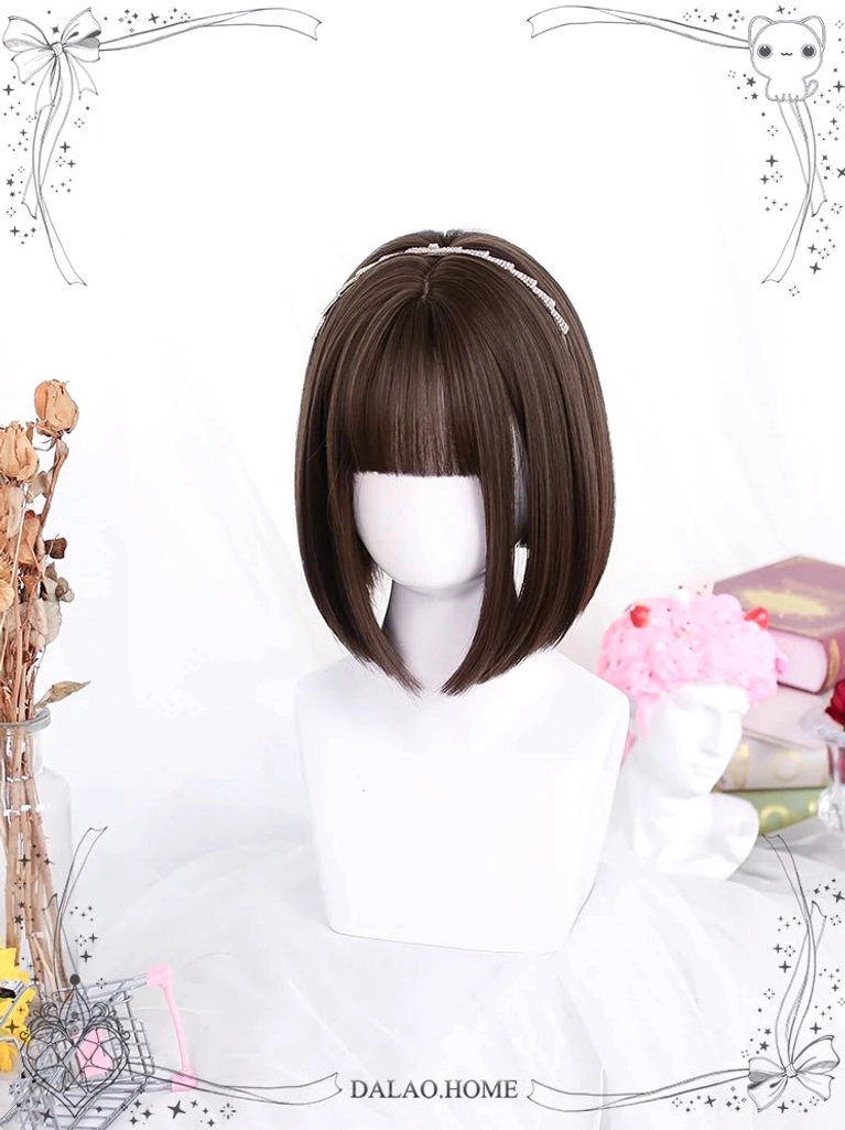 Cool brown jirai kei bob wig with bangs front view mannequin vintage decor styling dark brown shade