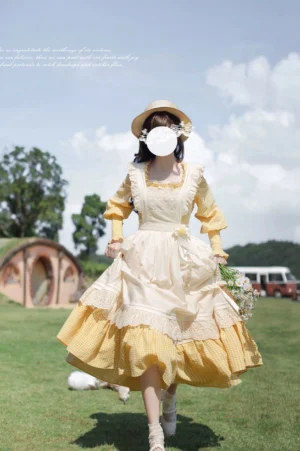 Country Lolita dress set front full view featuring yellow gingham underdress with cream lace-trimmed over-skirt, square neckline, and decorative ruffles