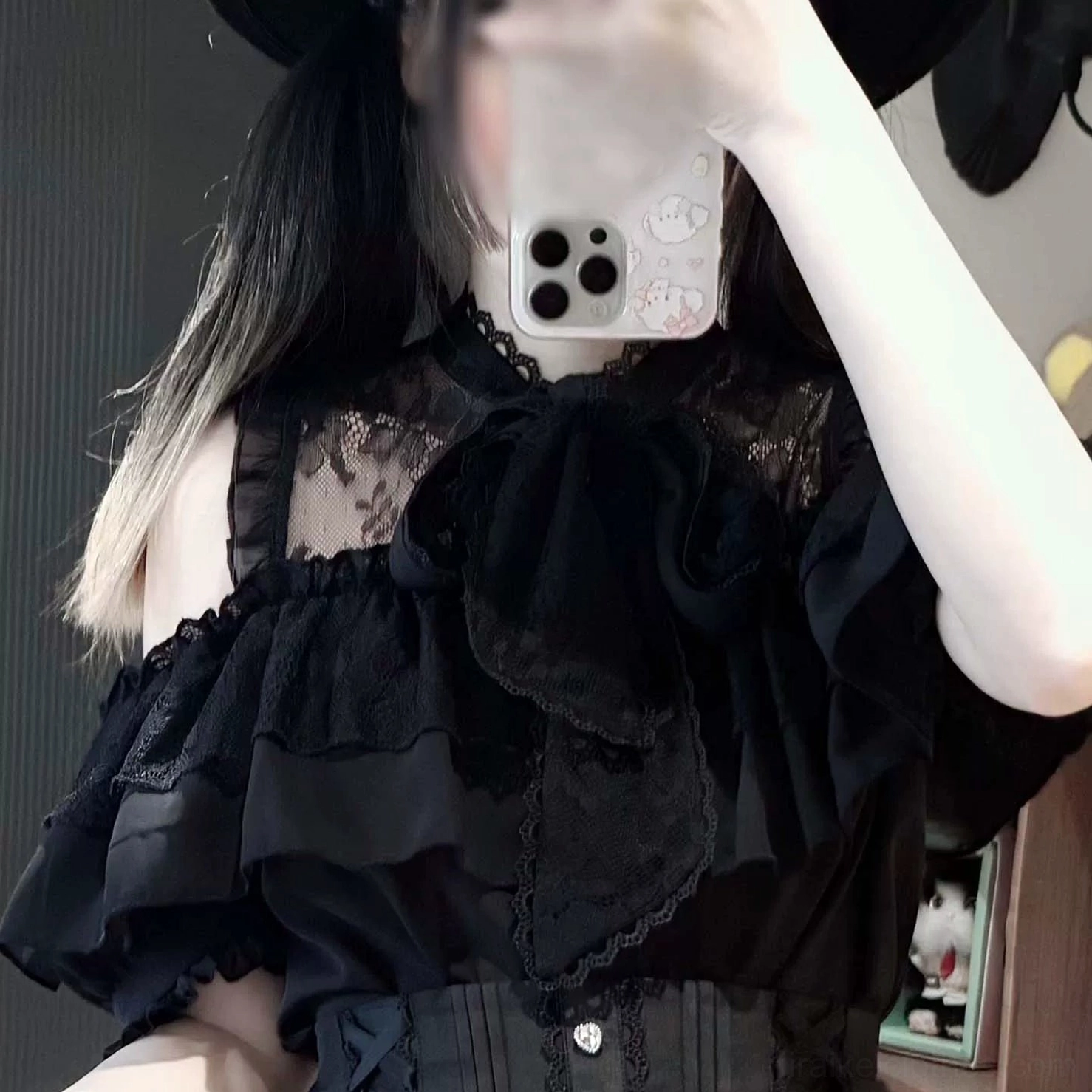 Cream white ruffle lace Jirai Kei blouse off-shoulder design bow neckline indoor coffee shop setting