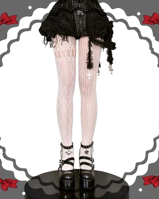 Cream white asymmetric gothic lolita fishnet pantyhose with hollowed geometric stripe lace pattern full leg front view