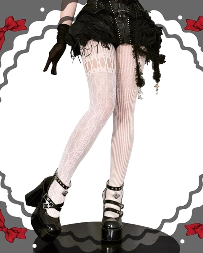 Cream white asymmetric gothic lolita fishnet tights side leg view with black gloves and gothic bow background styling