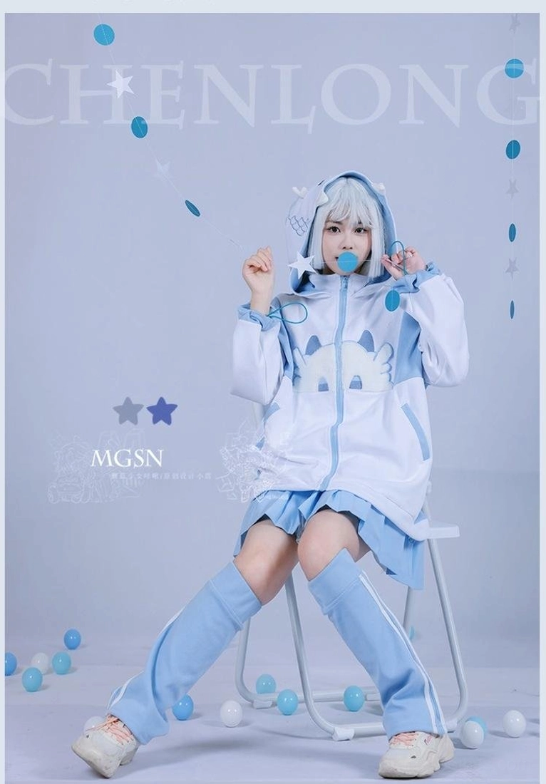Cropped cat-themed hooded jacket set with loose sleeves in blue and white color scheme, worn with pleated mini skirt by seated cosplayer - comfortable casual styling