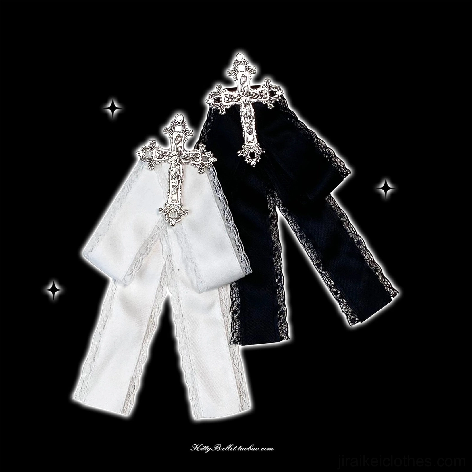 two cross style ribbon bow brooches jirai kei black white matching silver gems