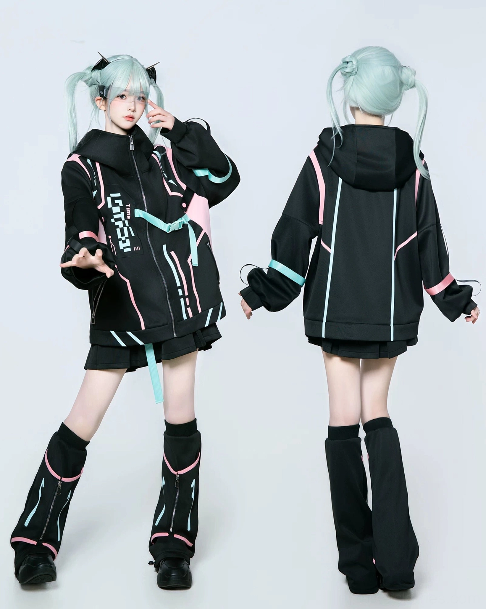Cyberpunk techwear ensemble featuring zip jacket with digital graphic prints and color-blocked paneling, paired with pleated skort and mint green cat ear styling
