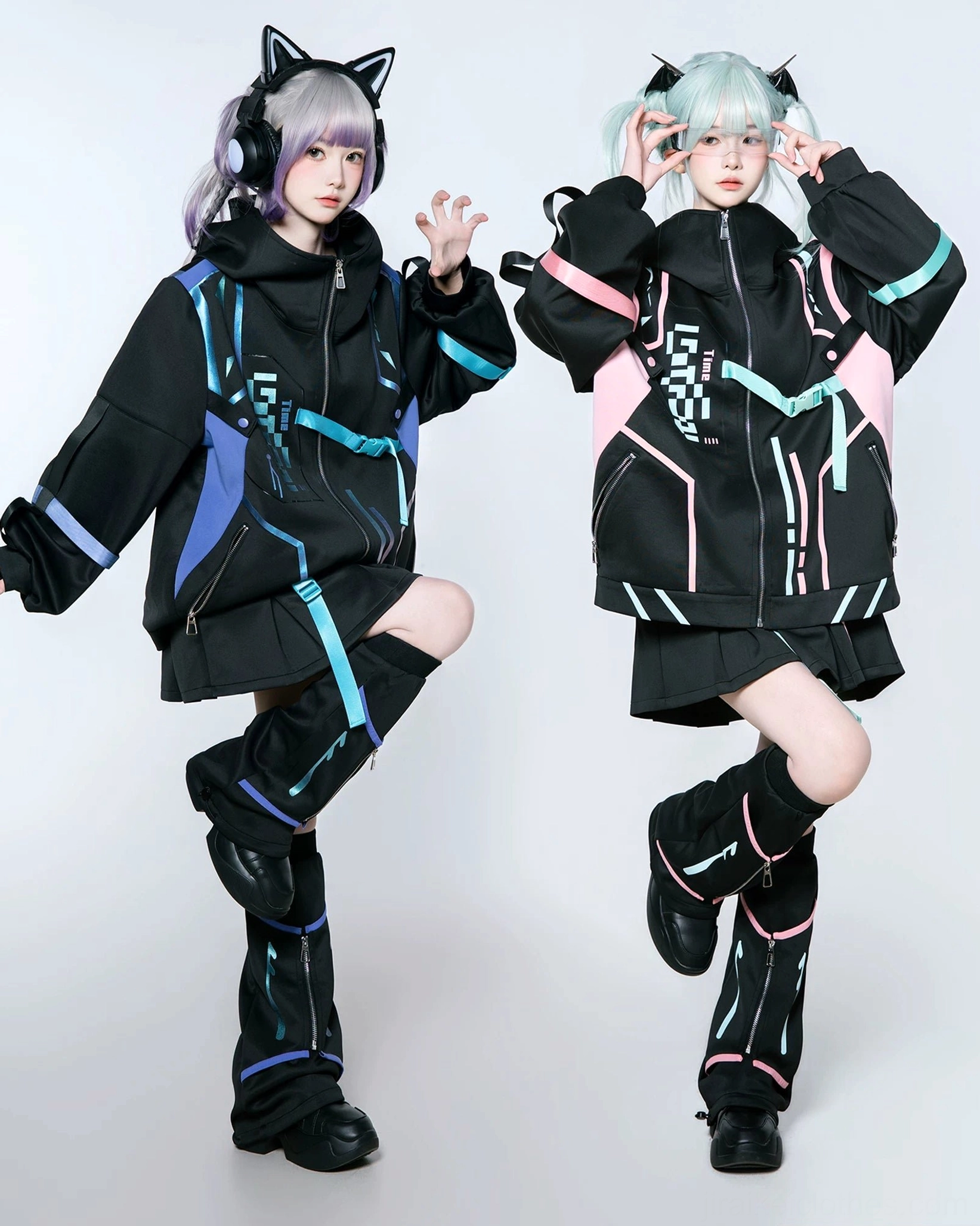 Dynamic front pose showcasing oversized Jirai Kei techwear jacket with asymmetrical neon panel design and loose comfortable fit on model with pastel gradient hair