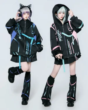 Cyberpunk Jirai Kei techwear jacket and skort set with neon pink and cyan paneling, displayed on female model with cat ear headphones and gradient pastel hair