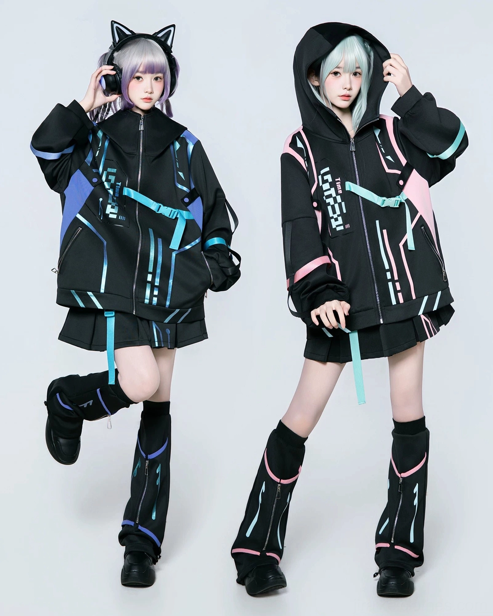 Cyberpunk Jirai Kei techwear jacket and skort set with neon pink and cyan paneling, displayed on female model with cat ear headphones and gradient pastel hair