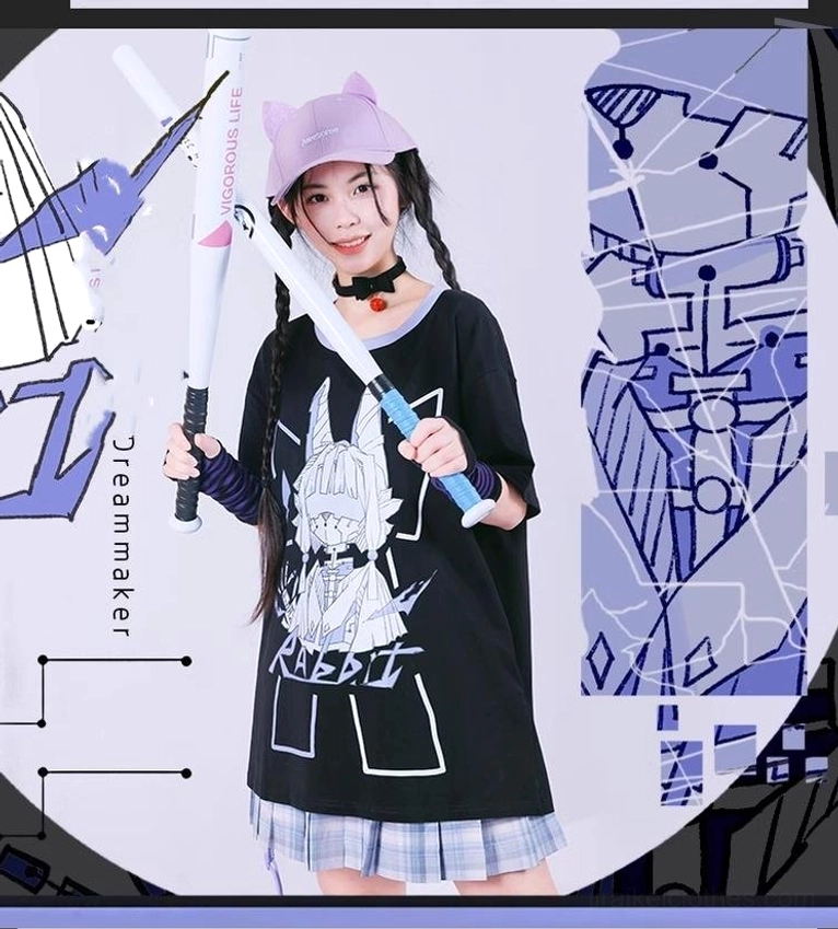 Black oversized mechanical rabbit tee with purple print and striped wrist guards front half-body view model holding dual baseball bats cyber tech art