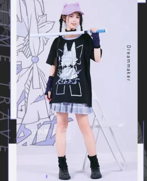 Mechanical rabbit oversized black tee with purple print and violet plaid pleated skirt - full front view Jirai Kei aesthetic with twin braids model