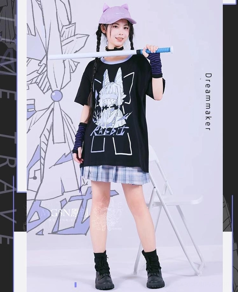 Mechanical rabbit oversized black tee with purple print and violet plaid pleated skirt - full front view Jirai Kei aesthetic with twin braids model