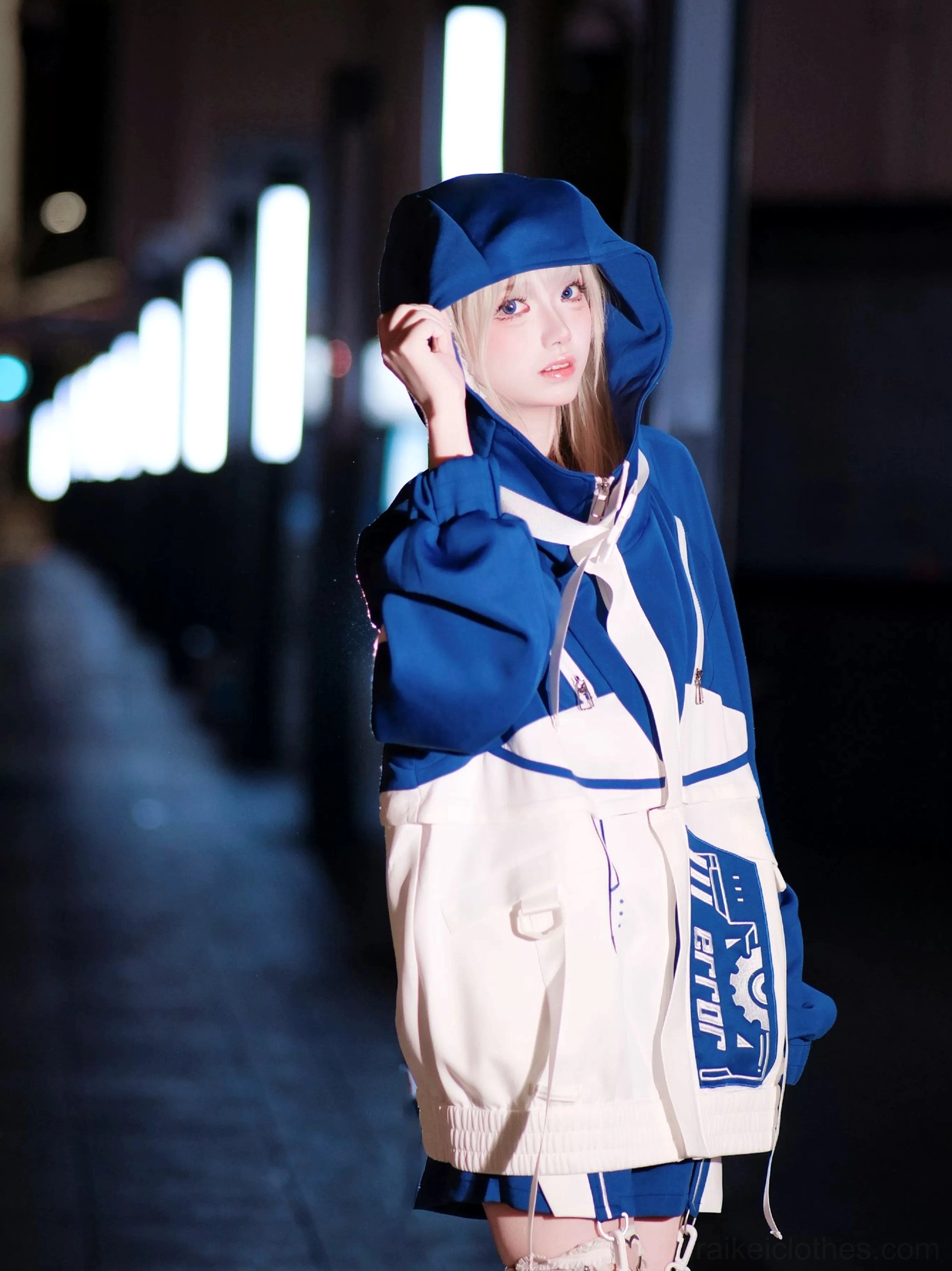 Cyberpunk jirai kei outfit styling guide showing cropped jacket configuration ventilation mode visual impact
