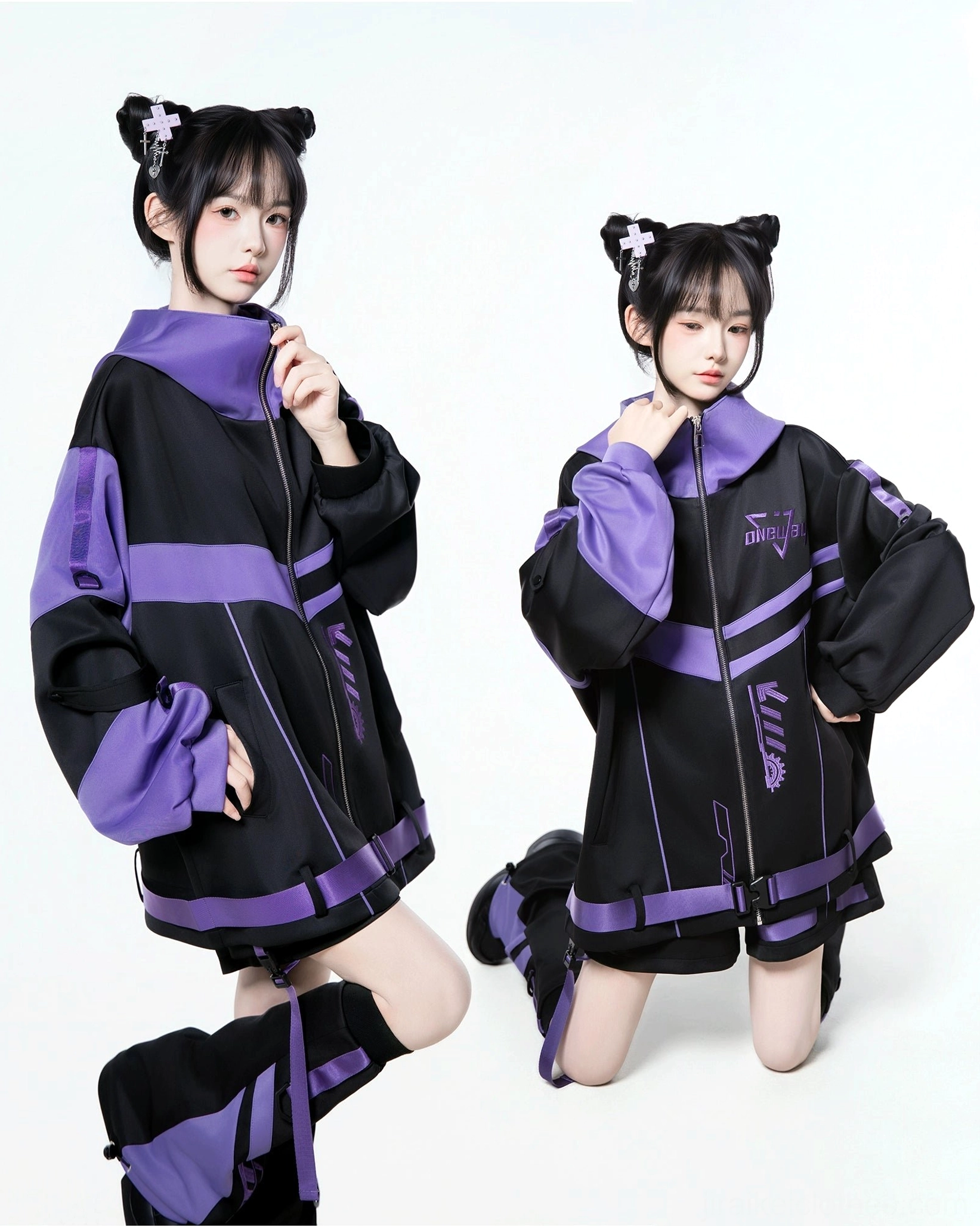 Cyberpunk Jirai Kei jacket with green accents - full body front view highlighting oversized proportions and architectural design