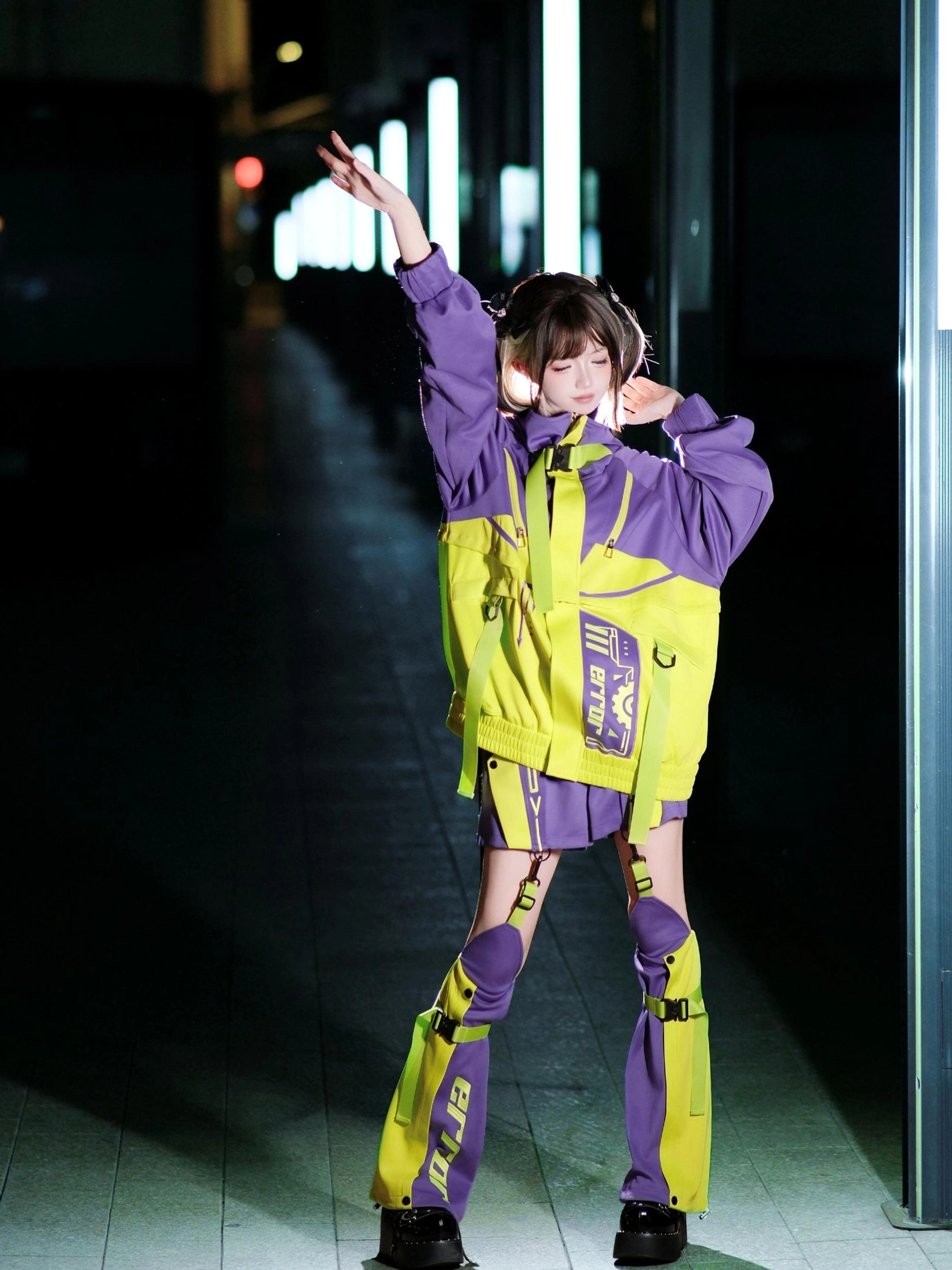 Cyberpunk jirai kei outfit modular components showing all detachable pieces configuration options flexibility