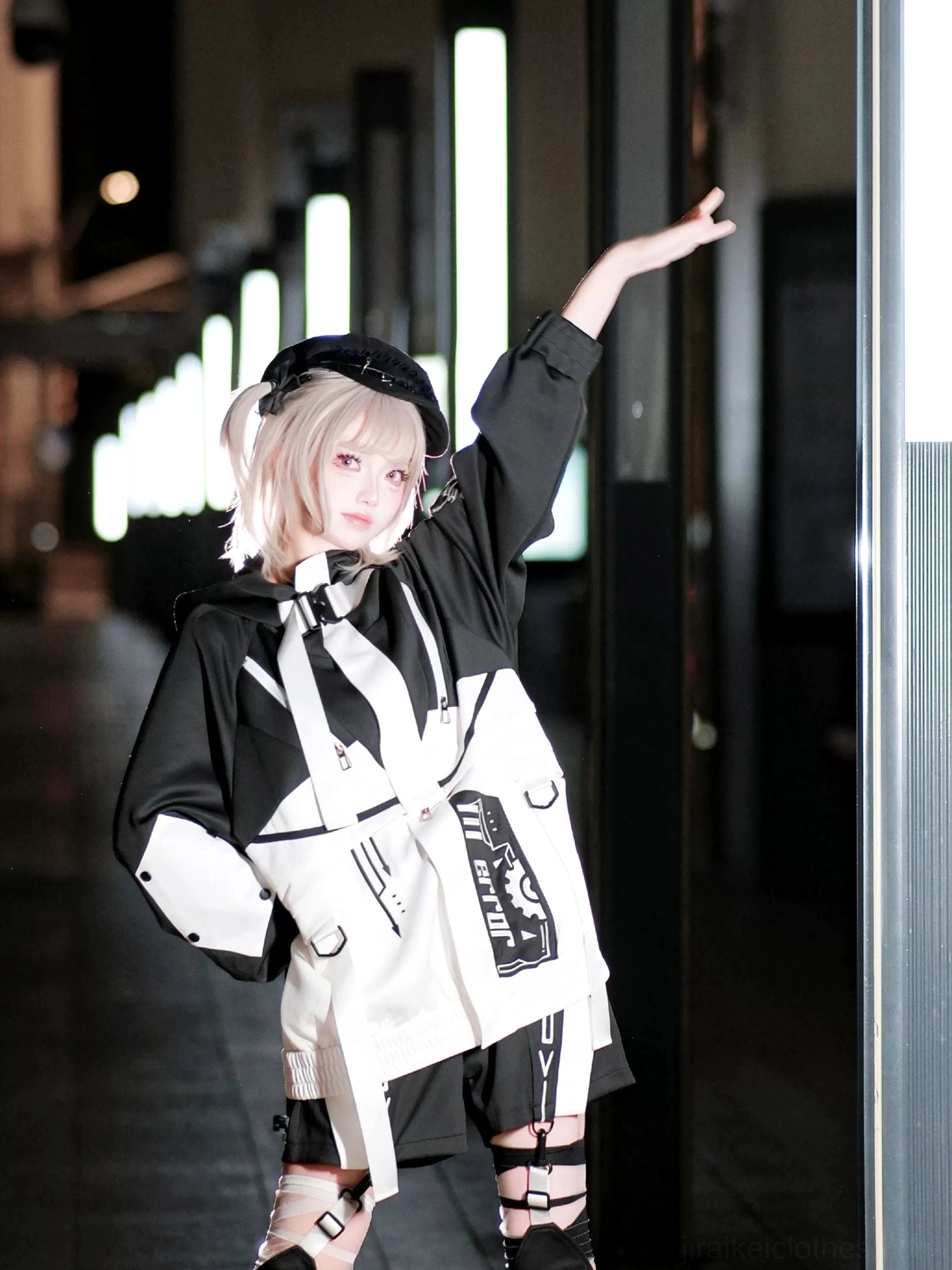 Cyberpunk jirai kei outfit color block pattern detail showing blue white purple yellow contrast segments design