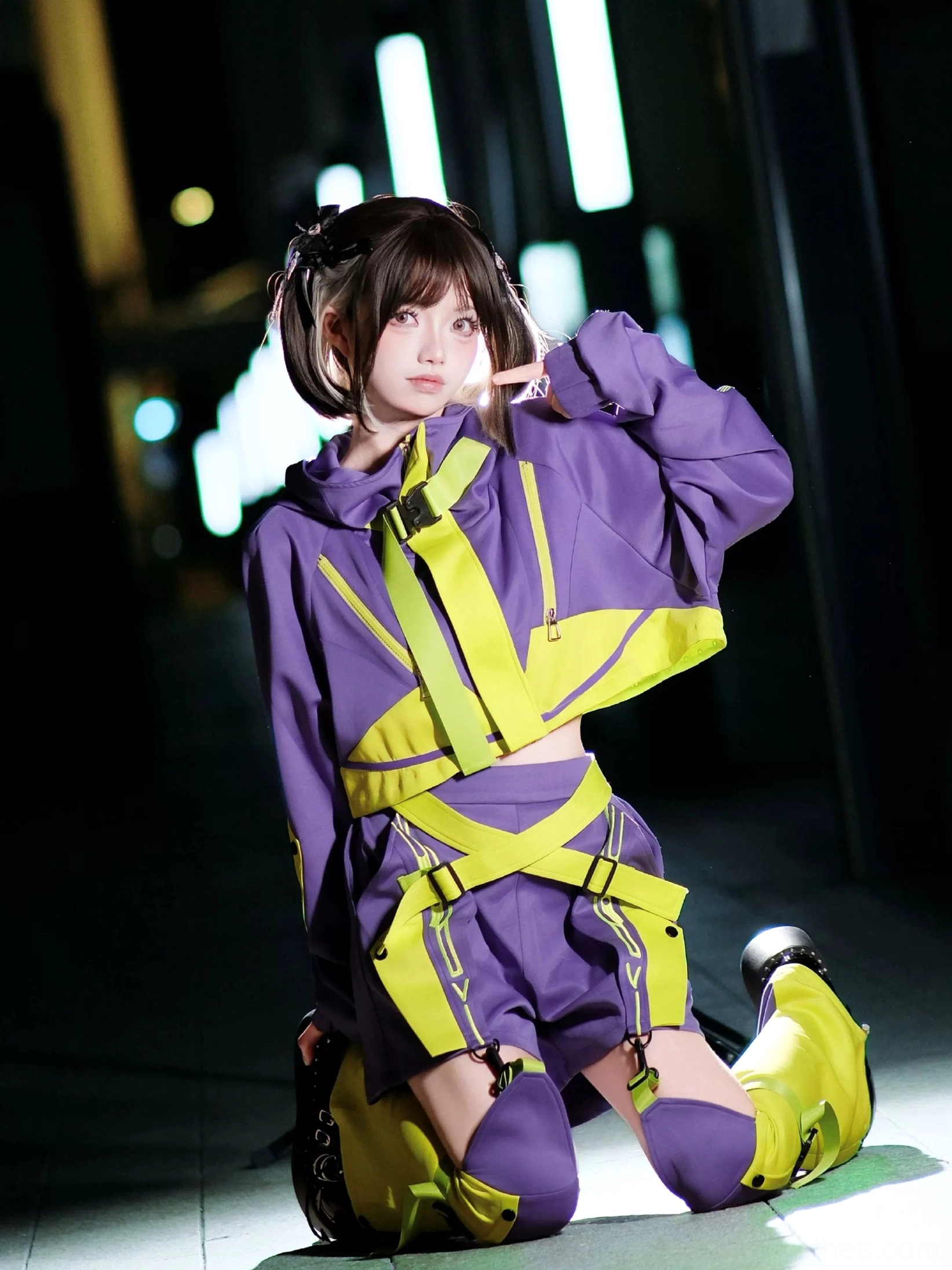 Cyberpunk jirai kei outfit color variations available blue white black purple yellow options palette
