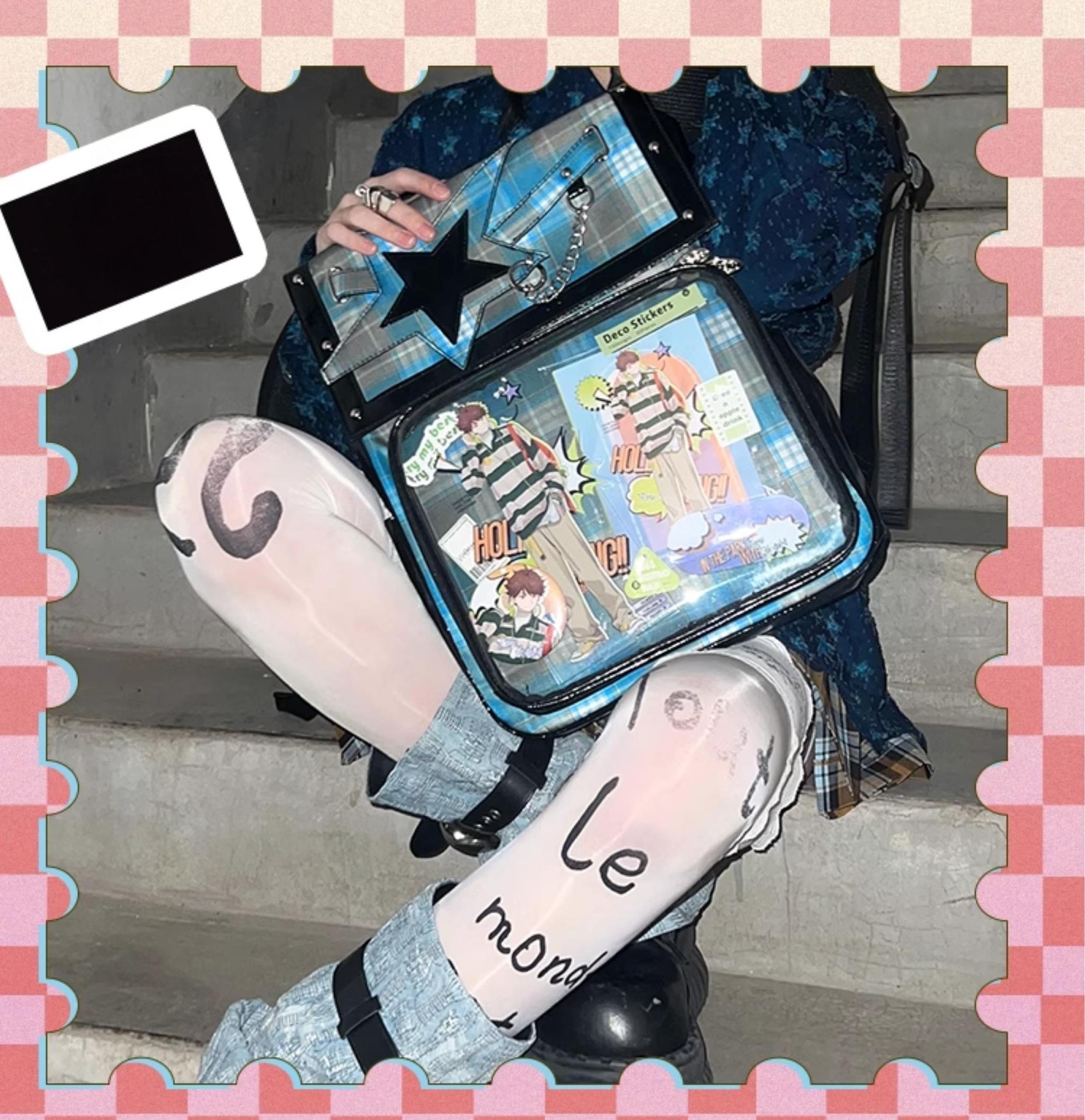 Jirai Kei style ita backpack showing interior organization pockets and badge display window clarity